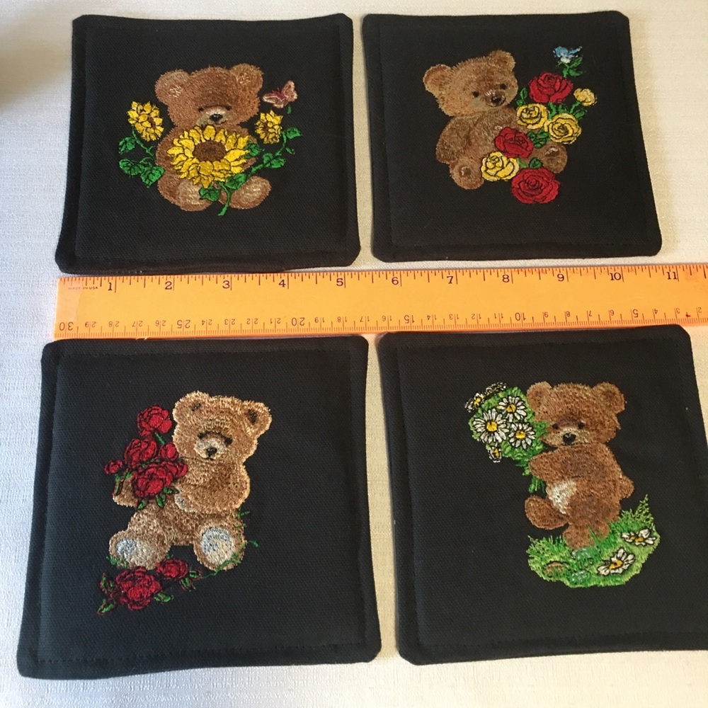 4 Embroidered coasters bears 5” Square Black background EUC New or like new. - Picture 6 of 9